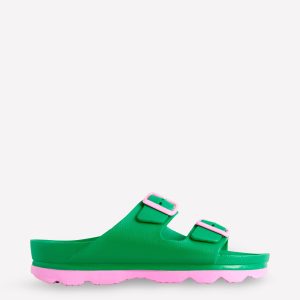 Lyla Double Buckle Sliders-Rich Emerald/Soft Pink