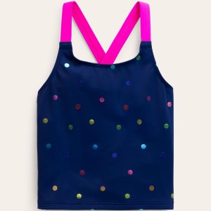 Cross-back Tankini Top-Navy Rainbow Confetti Spot