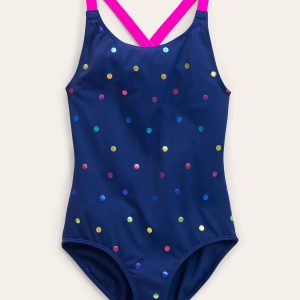 Cross-back Printed Swimsuit-Navy, Rainbow Foil Confetti