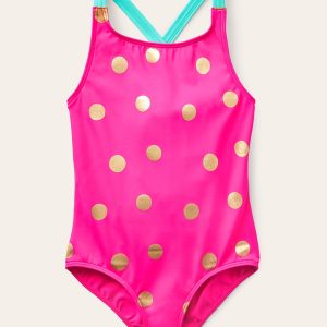 Cross-back Printed Swimsuit-Fuchsia Pink, Gold Foil Spot