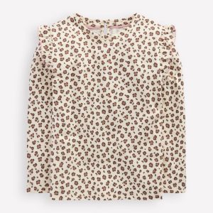 Frill Sleeve Slub Top-Vanilla White Leopard