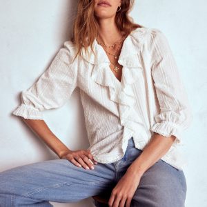 Ruffle V-Neck Blouse-White