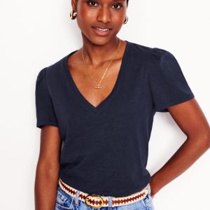 V Neck Slub T-shirt-Navy