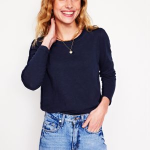 Cotton Crew Long Sleeve Top-Navy