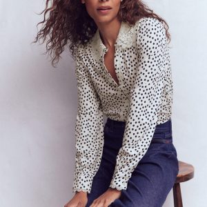 Lace Collar Blouse-Ivory, Navy spot