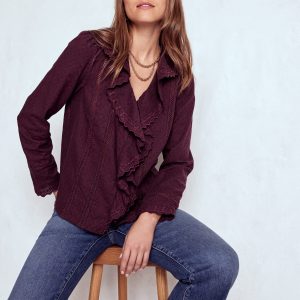 Ruffle Embroidered Blouse-Dark Cherry