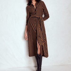 Marcia Jersey Shirt Dress-Gingerbread, Navy Stripe