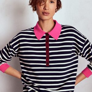 Lara Cotton Henley Jumper-Navy Stripe