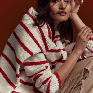 Lucy Oversized Cotton Jumper-Ivory, Red Stripe