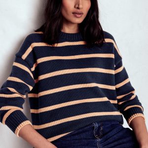 Lucy Oversized Cotton Jumper-Navy/ Camel Melange
