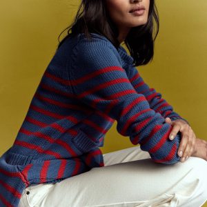 Lucy Chunky Cotton Cardigan-Soft Navy and Red Stripe