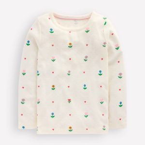 Long Sleeve Pointelle Top-Ivory Sunflower Garden