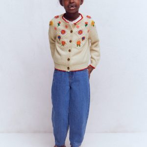 Cotton Embroidered Cardigan-Ecru Marl Flowers