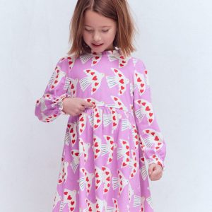 Blouson Sleeve Jersey Dress-Pale Pansy Love Birds