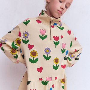 Half Zip Sweat Dress-Calico White Sunflower Garden