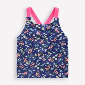 Cross-Back Tankini Top-Sapphire Blue Meadow Floral