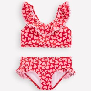 Frill V-neck Bikini Set-Rockabilly Red Collage Hearts