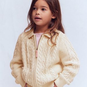 Collared Cable Zip-up-Ecru Marl