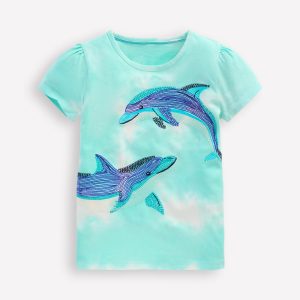 Puff Sleeve Superstitch Top-Blue Dolphins