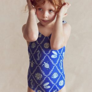 Hallie Frill Strap Swimsuit-Regency Blue Shell Tile