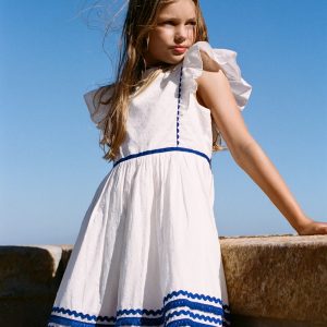 Flutter Sleeve Ric Rac Dress-Soft Ivory/ Bright Blue