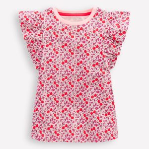 Frill Sleeve Printed Top-Pink Cherries
