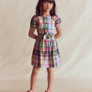 Tie Front Woven Dress-Blue. Pink and Green Check