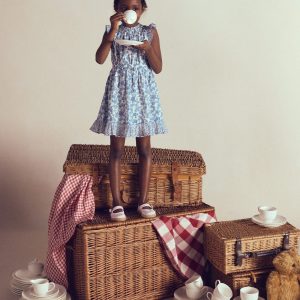 Gathered Woven Dress-Blue Sprig