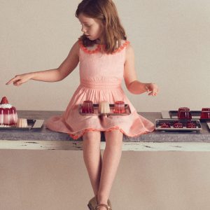 Nostalgic Broderie Dress-Neon Coral Seersucker
