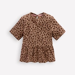 Short Sleeve Peplum Top-Partridge Brown Leopard Print