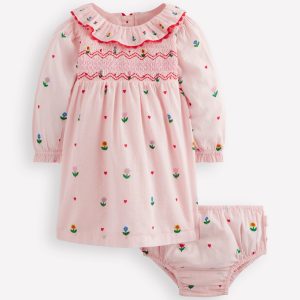 Embroidered Smocked Dress-Pink Multi Floral Heart Flower