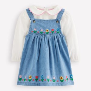 Embroidered Pinny Dress Set-Chambray Floral Embroidery