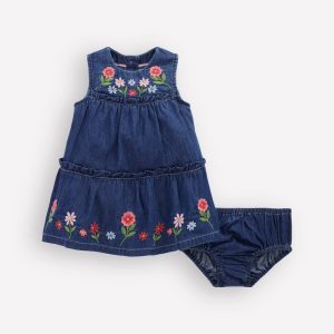 Tiered Ruffle Dress-Chambray Embroidery