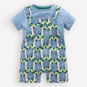 Jersey Short Dungaree Set-Blue Geo Turtles
