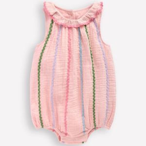 Double Cloth Bubble Romper-Chalk Pink Multi Ric Rac
