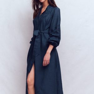 Mae Linen Blend Shirt Dress-Navy