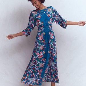 Imelda Kimono Jersey Dress-Blue, Botanical Trail