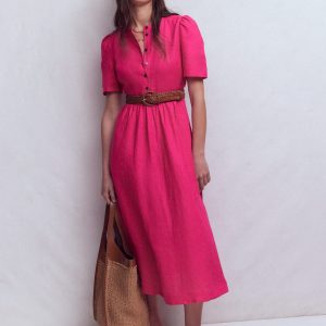 Ivy Linen Midi Dress-Pink Peony