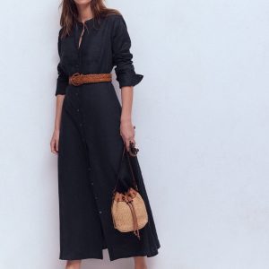 Mollie Linen Shirt Dress-Navy