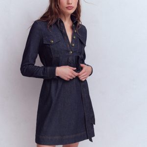Half Placket Denim Dress-Indigo Wash