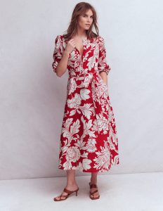Ava Linen Blend Midi Dress-Salsa. Botanical Flourish