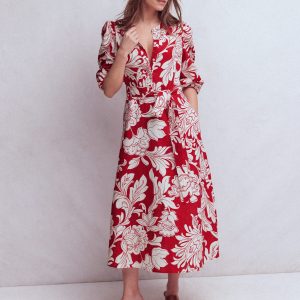 Ava Linen Blend Midi Dress-Salsa. Botanical Flourish