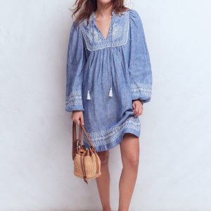 Pia Linen Yoke Tassel Dress-Chambray Embroidery