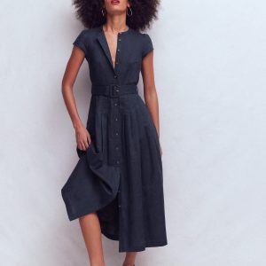 Arabella Linen Blend Dress-Navy