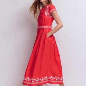 Arabella Linen Blend Dress-Red Embroidery