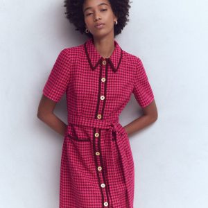 Loren Trim Short Dress-Red & Pink Dogtooth