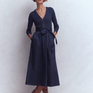 Long Sleeve Mix Media Dress-Navy