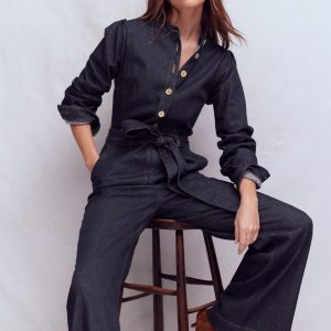 Bootcut Button Denim Jumpsuit-Indigo