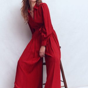 Button Up Palazzo Jumpsuit-Crimson Red