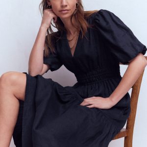 Irene Puff Sleeve Linen Dress-Navy